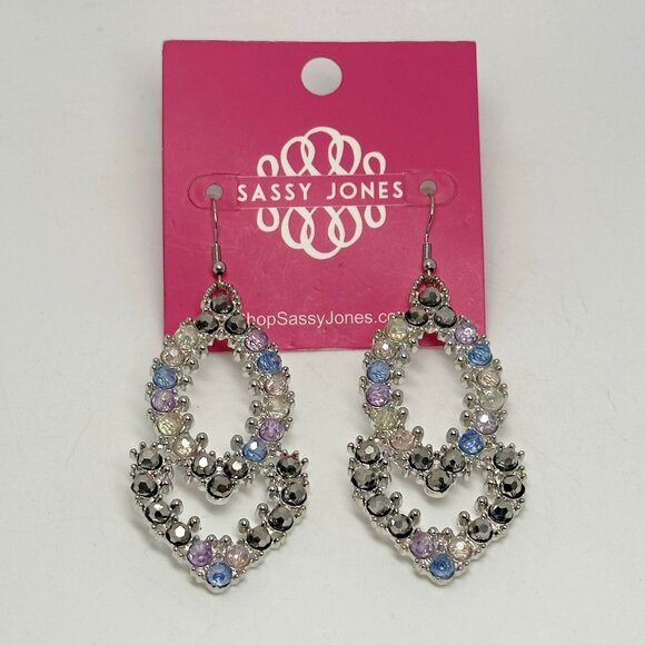 Sassy Jones Malia Glass Dangle Unicorn Rhinestone Silver Tone Hook Drop Earrings - Picture 1 of 6